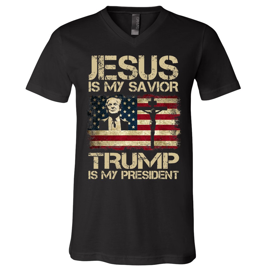 Jesus Is My Savior Trump Is My President Trump 2024 USA Flag Design Is A Great G V-Neck T-Shirt