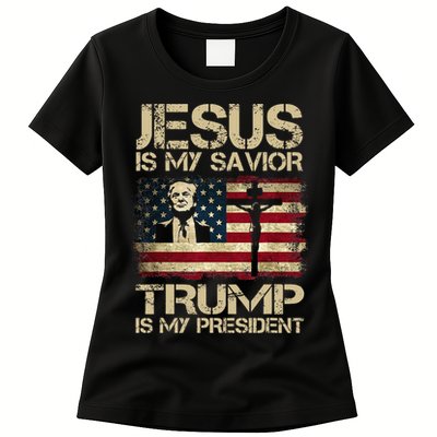 Jesus Is My Savior Trump Is My President Trump 2024 USA Flag Design Is A Great G Womens T-Shirt