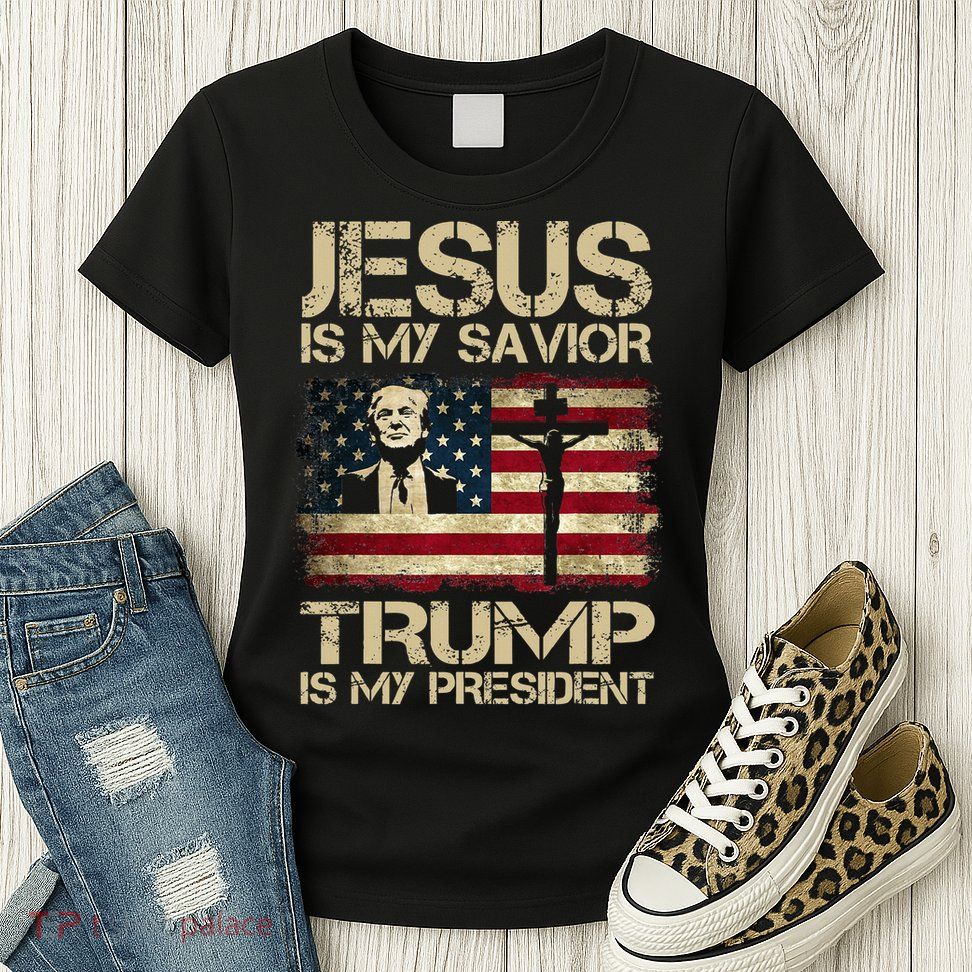 Jesus Is My Savior Trump Is My President Trump 2024 USA Flag Design Is A Great G Womens T-Shirt