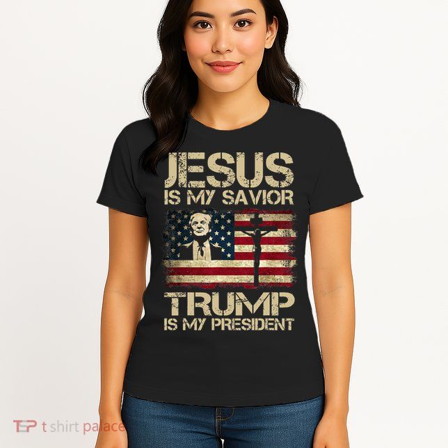 Jesus Is My Savior Trump Is My President Trump 2024 USA Flag Design Is A Great G Womens T-Shirt