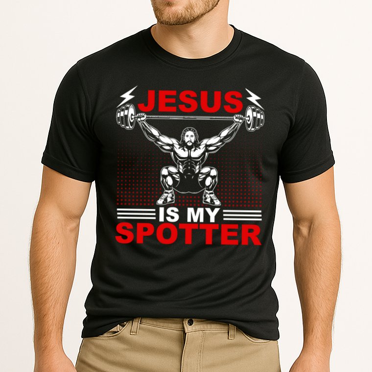 Jesus Is My Spotter Funny Christian Weightlifting Gym Performance Shirt