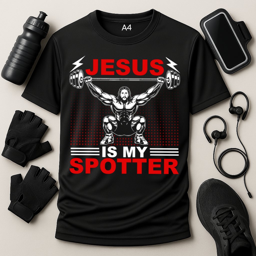 Jesus Is My Spotter Funny Christian Weightlifting Gym Performance Shirt
