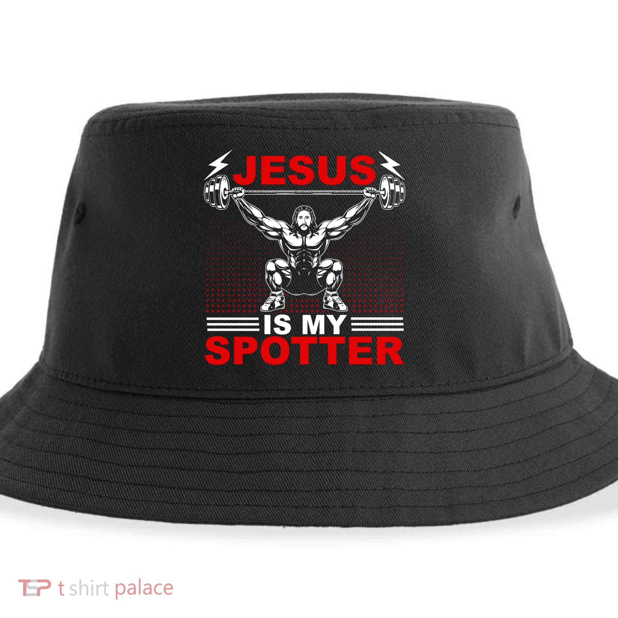 Jesus Is My Spotter Funny Christian Weightlifting Gym Sustainable Bucket Hat