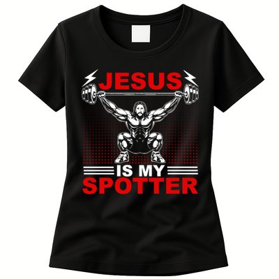 Jesus Is My Spotter Funny Christian Weightlifting Gym Womens T-Shirt