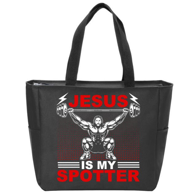 Jesus Is My Spotter Funny Christian Weightlifting Gym Zip Tote Bag