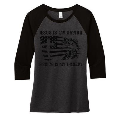 Jesus Is My Savior Fishing Is My Therapy American Flag Women's Tri-Blend 3/4-Sleeve Raglan Shirt