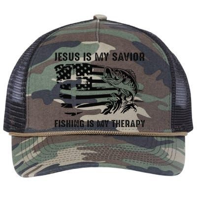 Jesus Is My Savior Fishing Is My Therapy American Flag Retro Rope Trucker Hat Cap