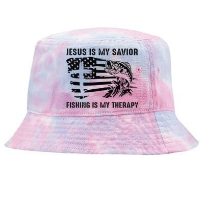 Jesus Is My Savior Fishing Is My Therapy American Flag Tie-Dyed Bucket Hat