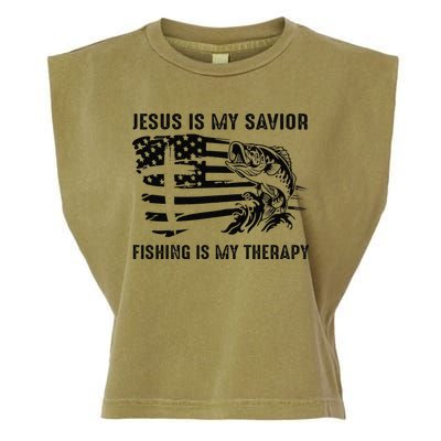 Jesus Is My Savior Fishing Is My Therapy American Flag Garment-Dyed Women's Muscle Tee