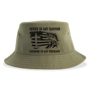 Jesus Is My Savior Fishing Is My Therapy American Flag Sustainable Bucket Hat