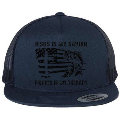 Jesus Is My Savior Fishing Is My Therapy American Flag Flat Bill Trucker Hat