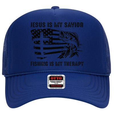 Jesus Is My Savior Fishing Is My Therapy American Flag High Crown Mesh Back Trucker Hat