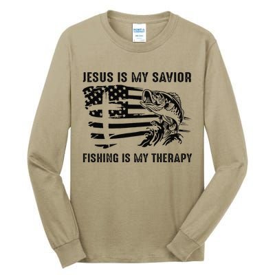 Jesus Is My Savior Fishing Is My Therapy American Flag Tall Long Sleeve T-Shirt