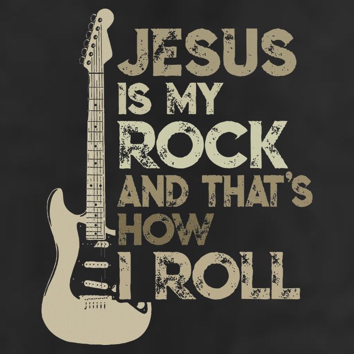 Jesus Is My Rock And That Is How I Roll Christian Guitarist 7 Panel Mesh Trucker Snapback Hat