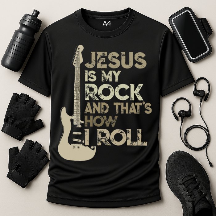 Jesus Is My Rock And That Is How I Roll Christian Guitarist Performance Shirt