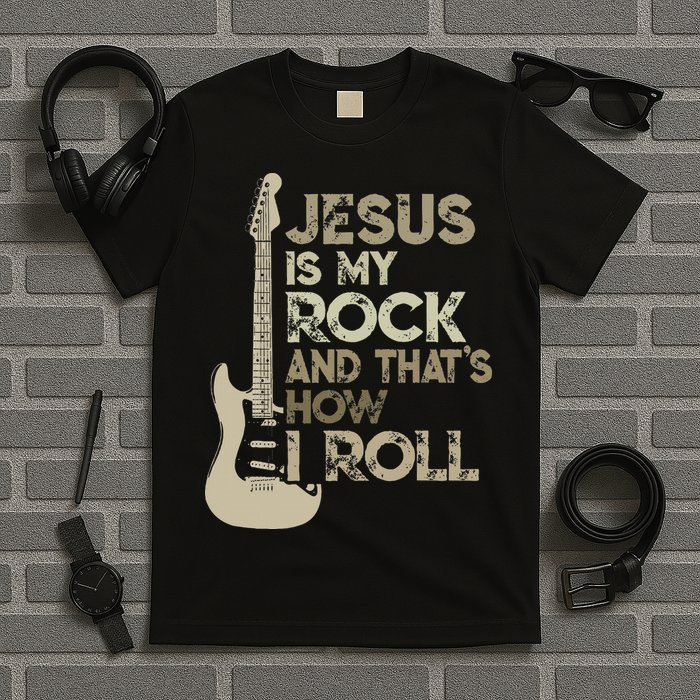 Jesus Is My Rock And That Is How I Roll Christian Guitarist T-Shirt