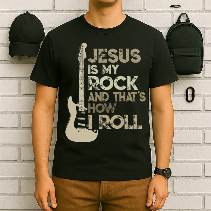 Jesus Is My Rock And That Is How I Roll Christian Guitarist T-Shirt