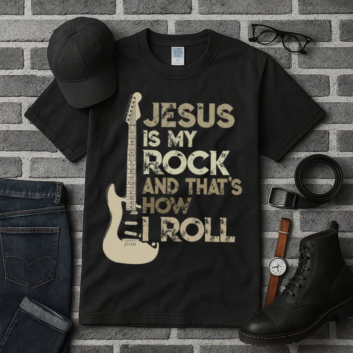 Jesus Is My Rock And That Is How I Roll Christian Guitarist Tall T-Shirt