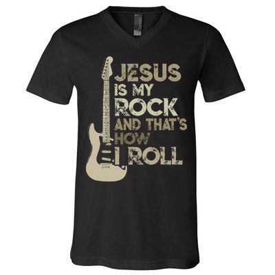 Jesus Is My Rock And That Is How I Roll Christian Guitarist V-Neck T-Shirt