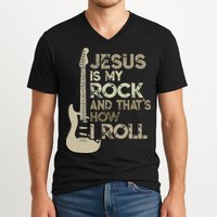 Jesus Is My Rock And That Is How I Roll Christian Guitarist V-Neck T-Shirt