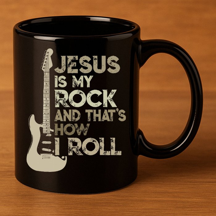 Jesus Is My Rock And That Is How I Roll Christian Guitarist 11oz C Handle Ceramic Mug