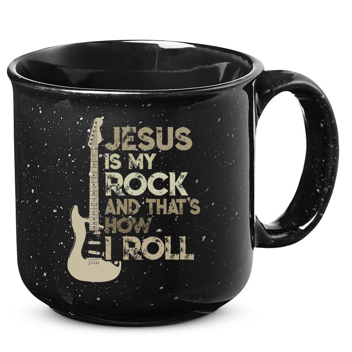 Jesus Is My Rock And That Is How I Roll Christian Guitarist 15oz Campfire Ceramic Mug
