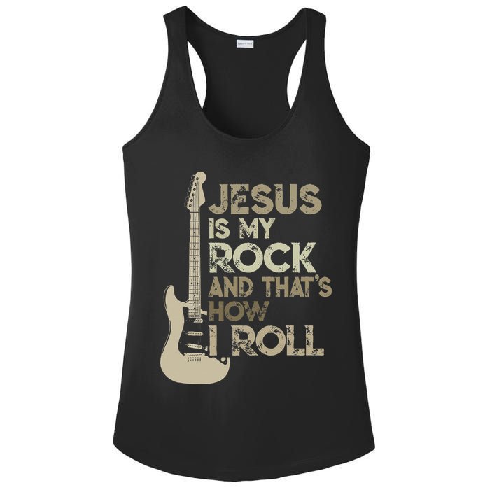 Jesus Is My Rock And That Is How I Roll Christian Guitarist Ladies PosiCharge Competitor Racerback Tank