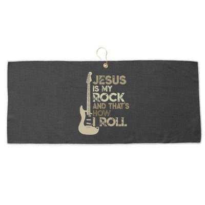 Jesus Is My Rock And That Is How I Roll Christian Guitarist Large Microfiber Waffle Golf Towel