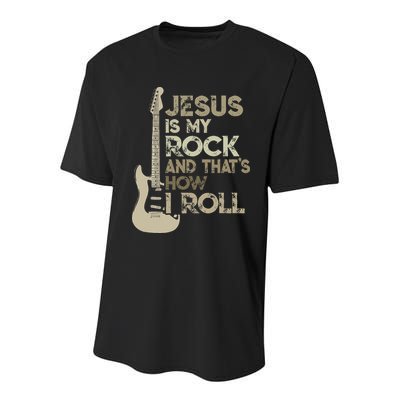 Jesus Is My Rock And That Is How I Roll Christian Guitarist Youth Performance Sprint T-Shirt