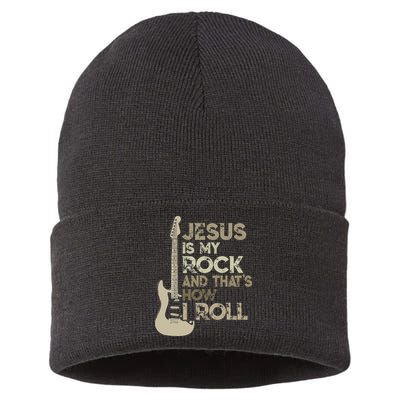 Jesus Is My Rock And That Is How I Roll Christian Guitarist Sustainable Knit Beanie
