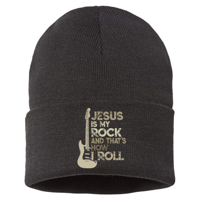 Jesus Is My Rock And That Is How I Roll Christian Guitarist Sustainable Knit Beanie