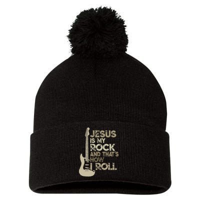 Jesus Is My Rock And That Is How I Roll Christian Guitarist Pom Pom 12in Knit Beanie