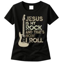 Jesus Is My Rock And That Is How I Roll Christian Guitarist Womens T-Shirt