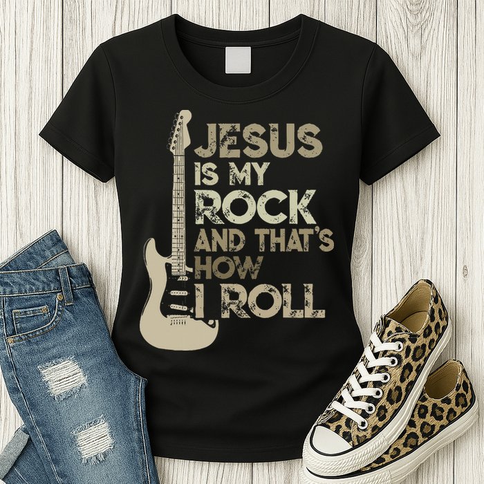 Jesus Is My Rock And That Is How I Roll Christian Guitarist Womens T-Shirt