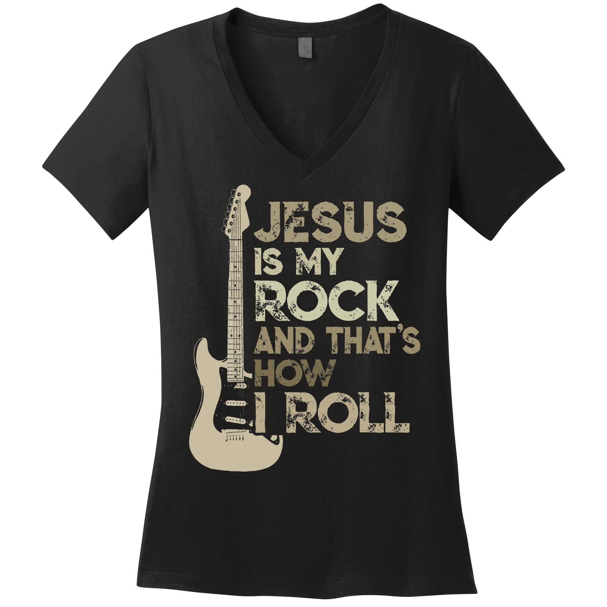 Jesus Is My Rock And That Is How I Roll Christian Guitarist Women's V-Neck T-Shirt