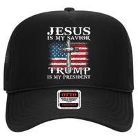 Jesus Is My Savior Trump Is My President American Flag 2side High Crown Mesh Back Trucker Hat