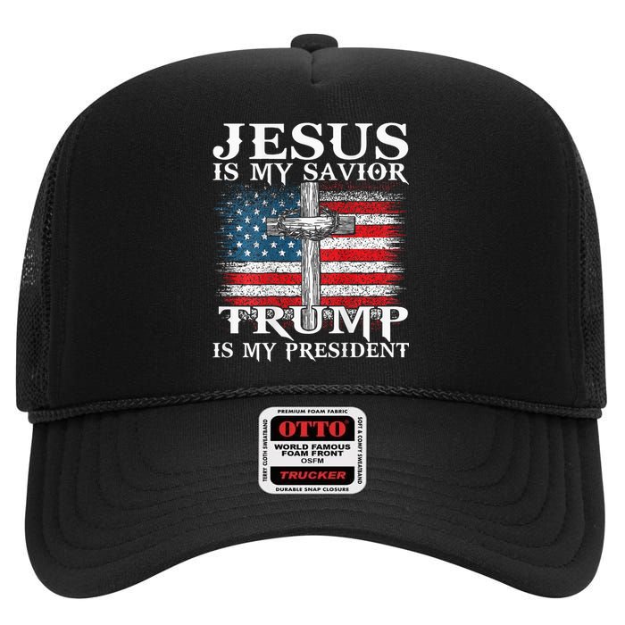 Jesus Is My Savior Trump Is My President American Flag 2side High Crown Mesh Back Trucker Hat