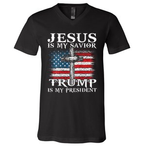 Jesus Is My Savior Trump Is My President American Flag 2side V-Neck T-Shirt