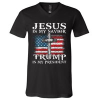 Jesus Is My Savior Trump Is My President American Flag 2side V-Neck T-Shirt