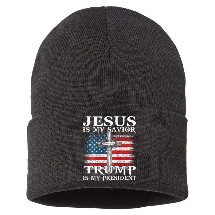 Jesus Is My Savior Trump Is My President American Flag 2side Sustainable Knit Beanie