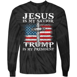 Jesus Is My Savior Trump Is My President American Flag 2side Tie-Dye Long Sleeve Shirt