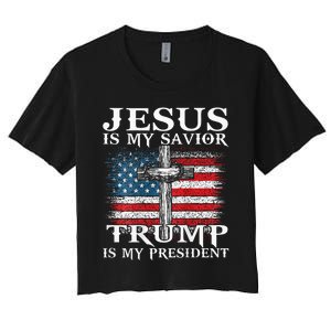 Jesus Is My Savior Trump Is My President American Flag 2side Women's Crop Top Tee