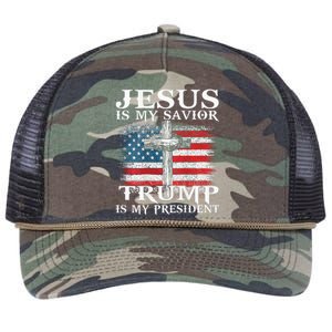 Jesus Is My Savior Trump Is My President American Flag 2side Retro Rope Trucker Hat Cap