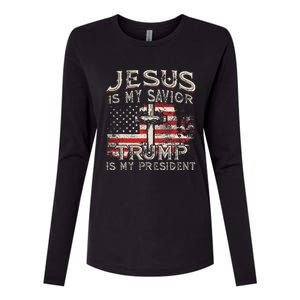 Jesus Is My Savior Trump Is My President American Flag Womens Cotton Relaxed Long Sleeve T-Shirt