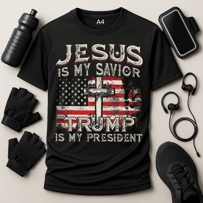 Jesus Is My Savior Trump Is My President American Flag Cooling Performance Crew T-Shirt