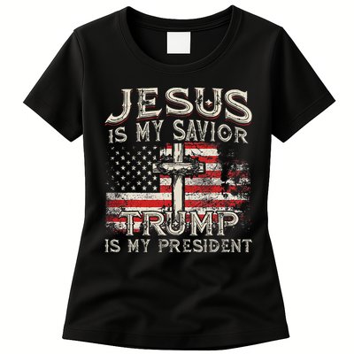 Jesus Is My Savior Trump Is My President American Flag Womens T-Shirt