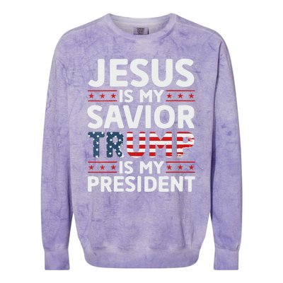 Jesus Is My Savior Trump Is My President 2024 Usa Flag Cross Colorblast Crewneck Sweatshirt