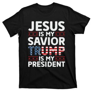 Jesus Is My Savior Trump Is My President 2024 Usa Flag Cross T-Shirt