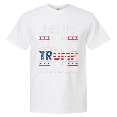 Jesus Is My Savior Trump Is My President 2024 Usa Flag Cross Garment-Dyed Heavyweight T-Shirt