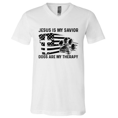 Jesus Is My Savior Dogs Are My Therapy Thanksgiving Day V-Neck T-Shirt